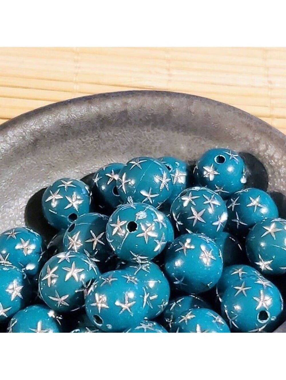 10 Vintage Retro Teal Green Silver Stars 12mm Round Acrylic Shabby Beads